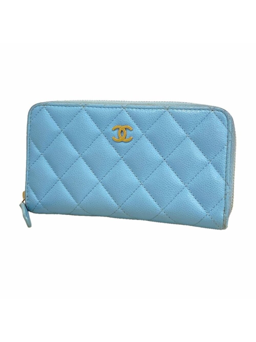 Chanel Coin Purse Quilted Caviar Leather Light Blue Gold